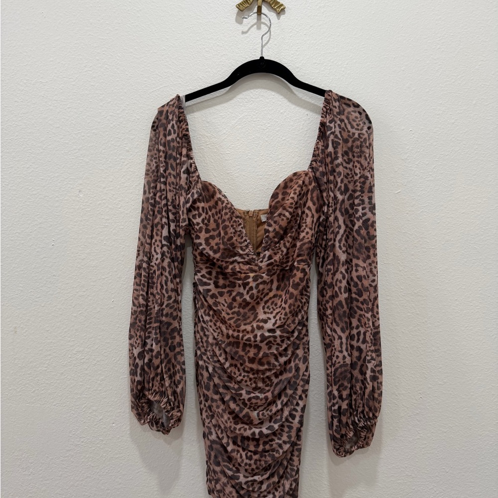 Luxxel Leopard Print Long Sleeve Ruched Mini Dress - Brown
